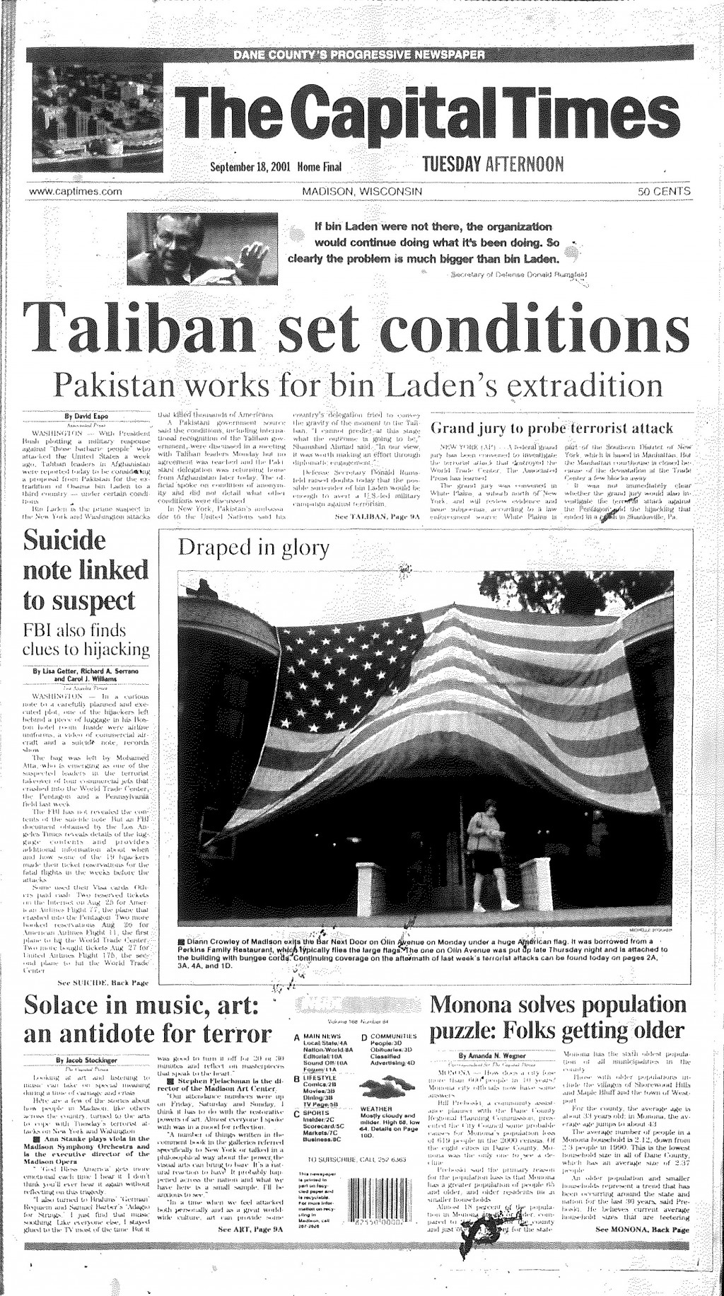 Capital Times front page from Sept. 18, 2001